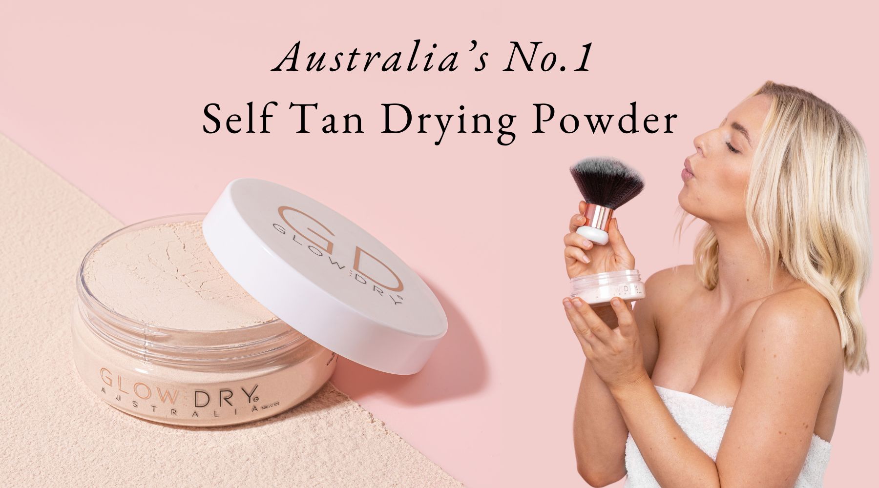 Woman holding a brush with a jar of self-tan drying powder on a pink background, labeled 'Australia's No. 1 Self Tan Drying Powder'.